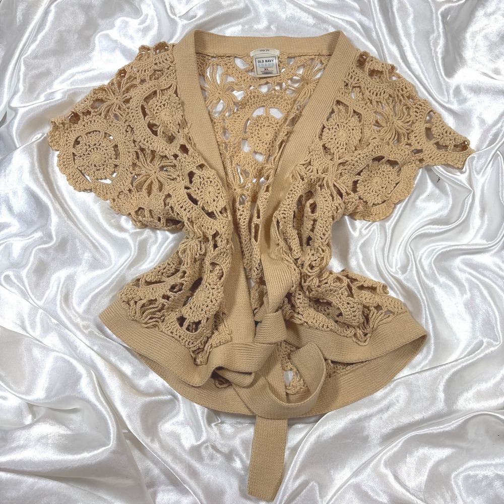 y2k Old Navy Crochet Cardigan Tan Excellent Floral Open Knit Tie Front Top XL